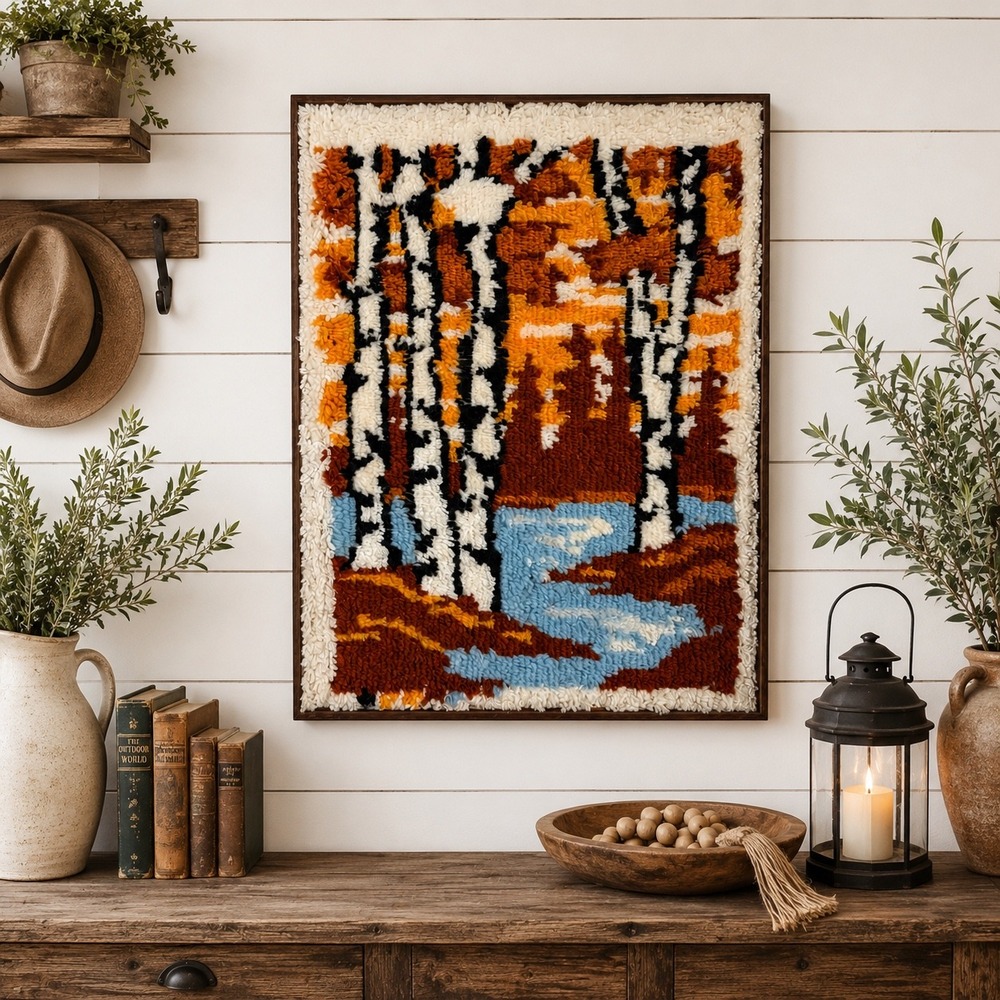Vintage Latch Hook Rug Wall Hanging Birch Trees Autumn Forest Framed Art 22x30